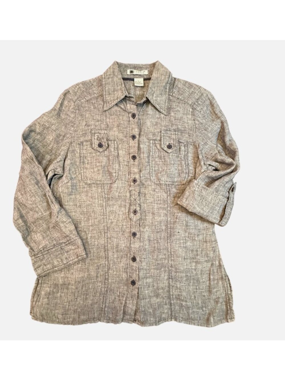 Carole Little Womens 100% Linen Button-Up Shirt Roll-Tab Sleeves Gray Size Small